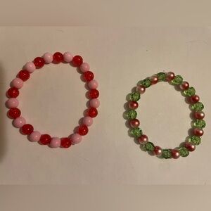 Pink and Green Beaded Bracelets Set. Strawberry Shortcake inspired.